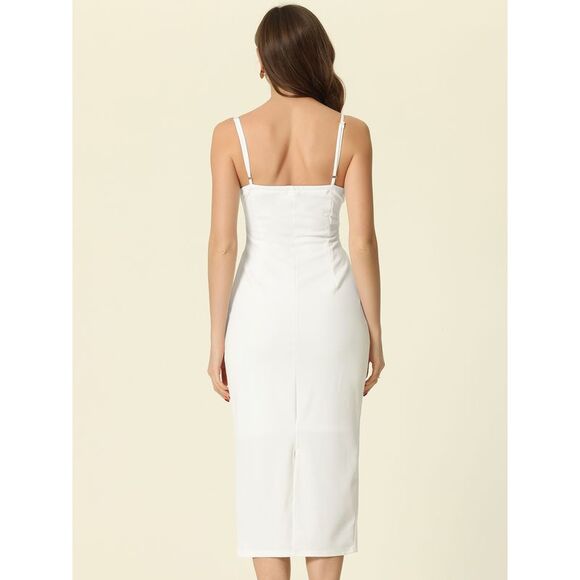 Cocktail Bodycon Dress Twist Front Spaghetti Straps Midi Dresses White - Picture 3 of 6